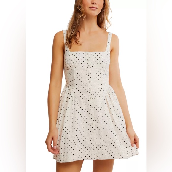 Free People Dresses & Skirts - Free People Astrid Polka Dot Mini Dress Ivory Size M EUC Corset Bodice Pockets